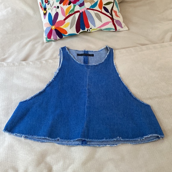 ZARA trafaluc short denim swinger crop top sleeveless blue size L raw hem - Picture 8 of 10